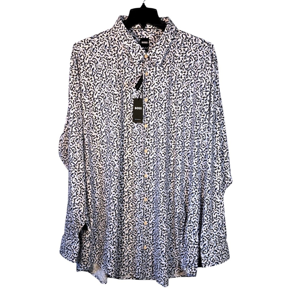 Hugo Boss Mens 4XL Black and Blue Geo Performance Long Sleeve Shirt NWT